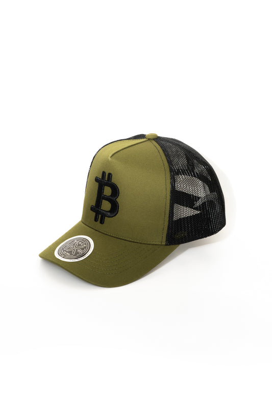 Military Green Bitcoin Trucker Hat - High-Crown Structured Cap