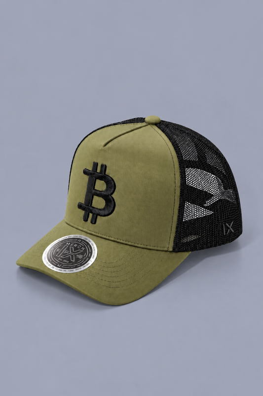 Military Green Bitcoin Trucker Hat - High-Crown Structured Cap