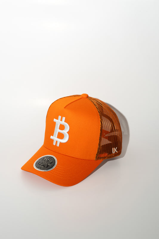 Satoshi Orange Bitcoin Trucker Hat - High-Crown Cap