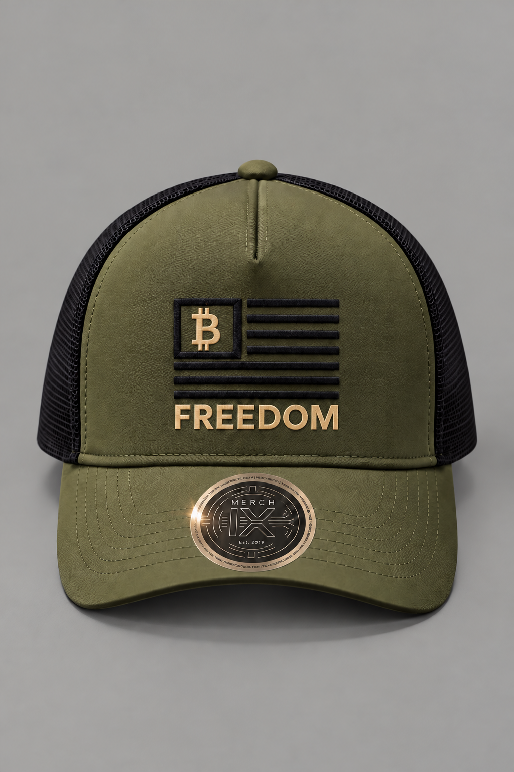 Merch IX Bitcoin Freedom Trucker Hat - Army Green
