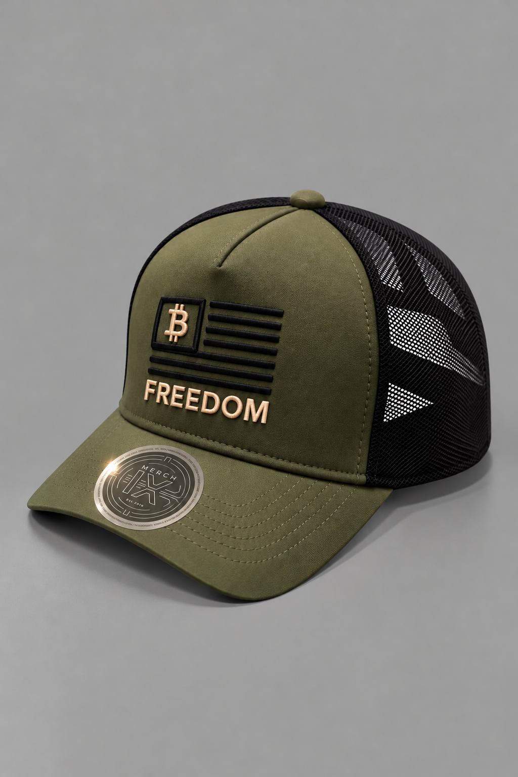 Merch IX Bitcoin Freedom Trucker Hat - Army Green
