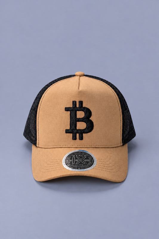 Khaki Bitcoin Trucker Hat - High-Crown Structured Cap