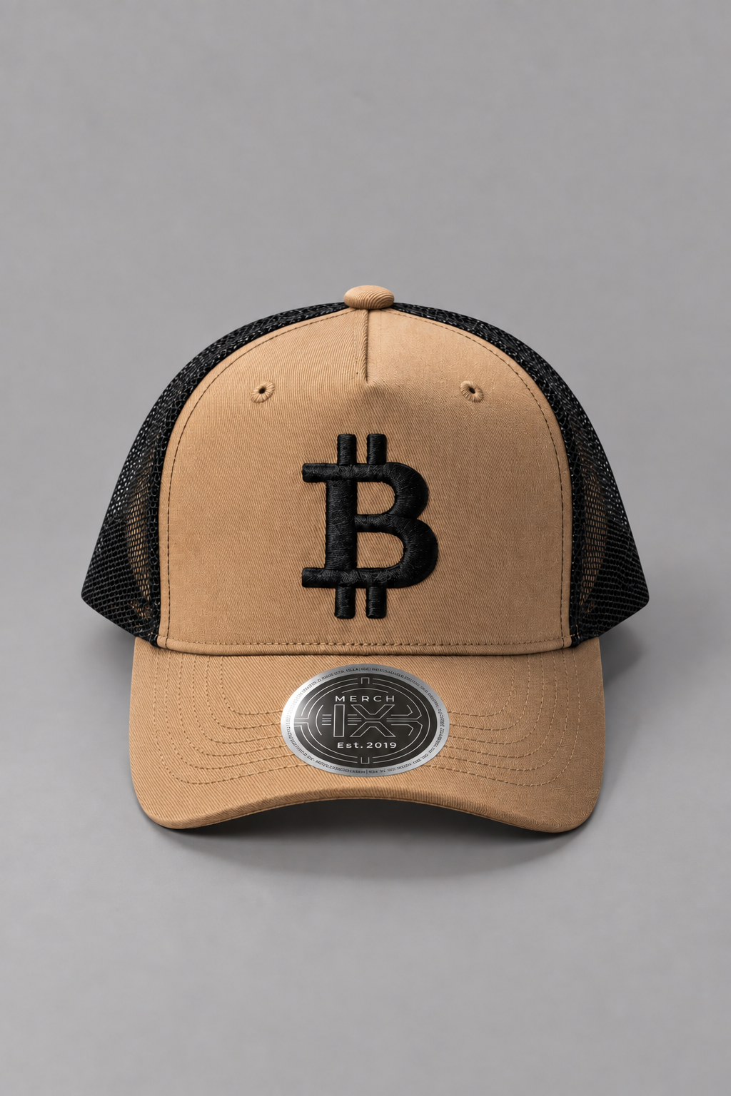 Khaki Bitcoin Trucker Hat - High-Crown Structured Cap