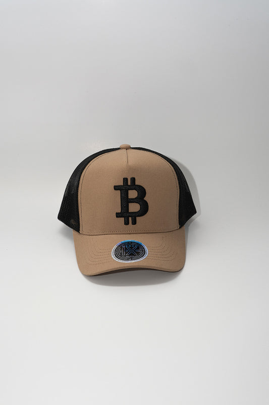 Khaki Bitcoin Trucker Hat - High-Crown Structured Cap