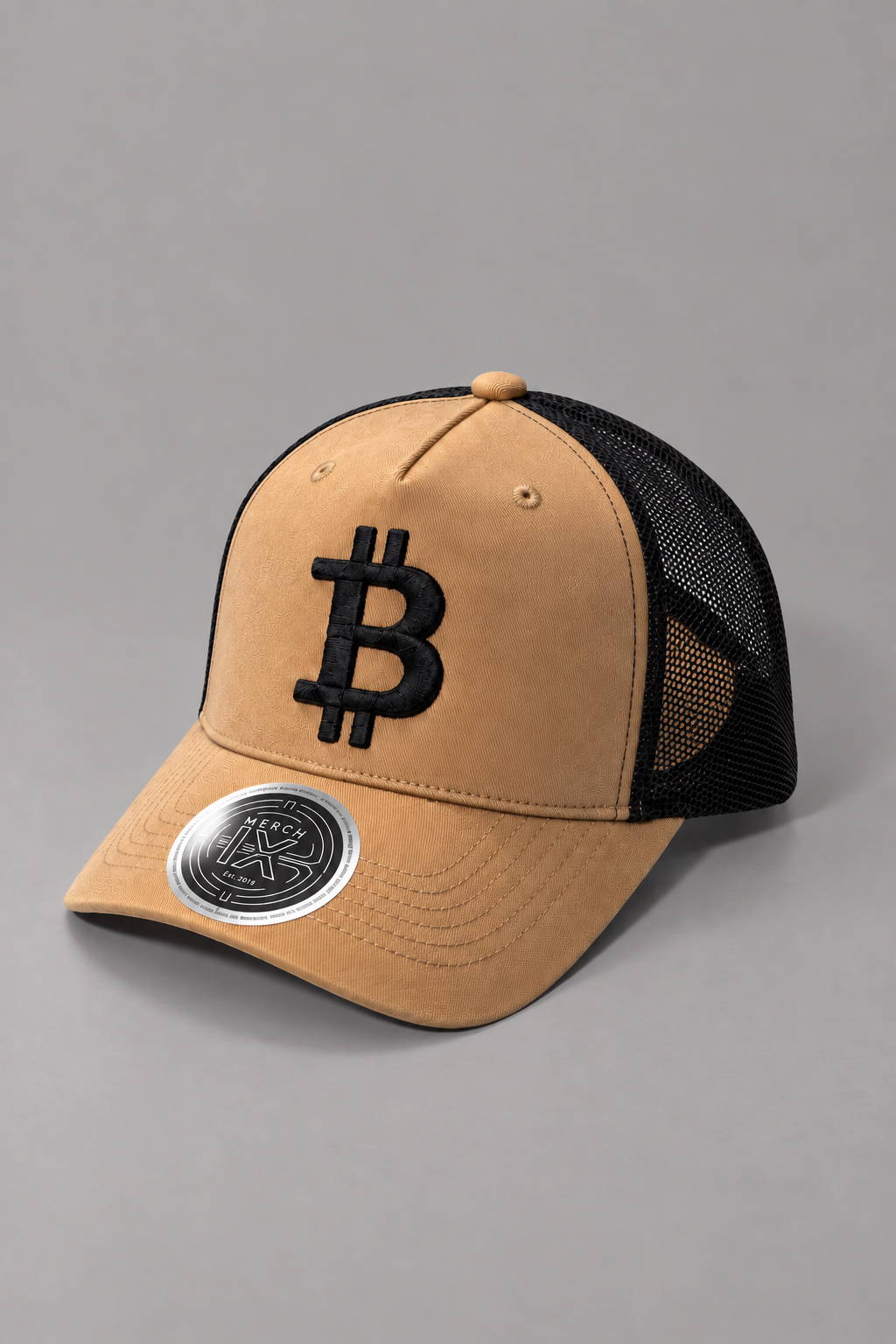Khaki Bitcoin Trucker Hat - High-Crown Structured Cap