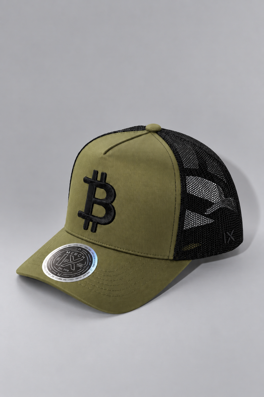 Military Green Bitcoin Trucker Hat - High-Crown Structured Cap