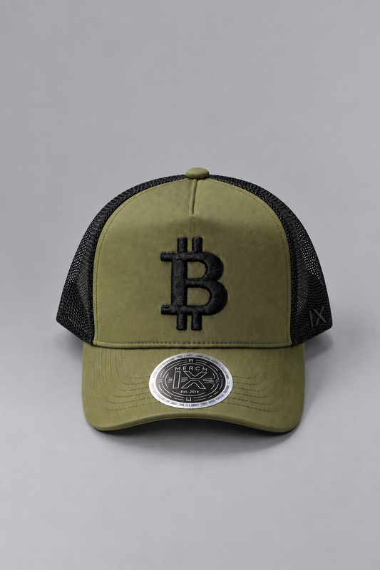 Military Green Bitcoin Trucker Hat - High-Crown Structured Cap