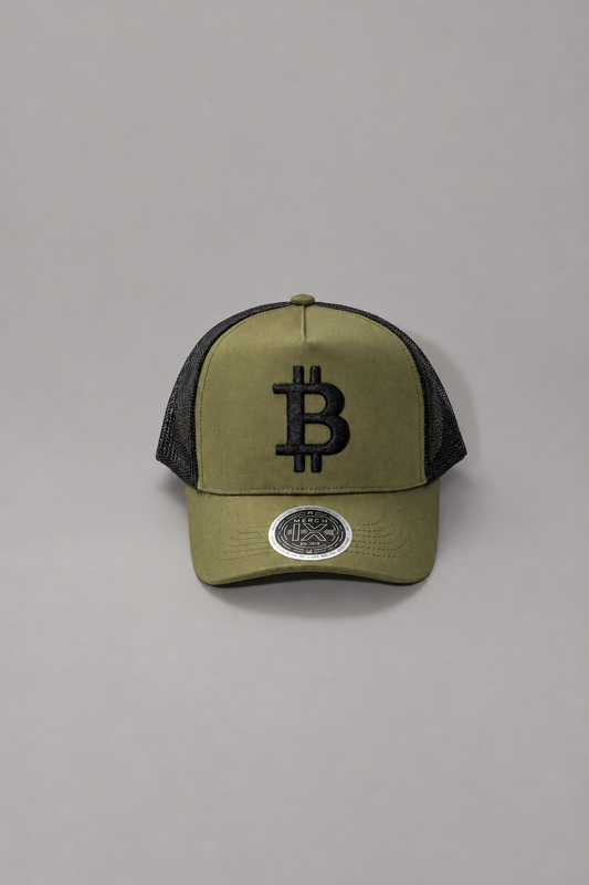 Military Green Bitcoin Trucker Hat - High-Crown Structured Cap