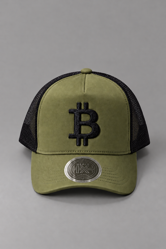 Military Green Bitcoin Trucker Hat - High-Crown Structured Cap