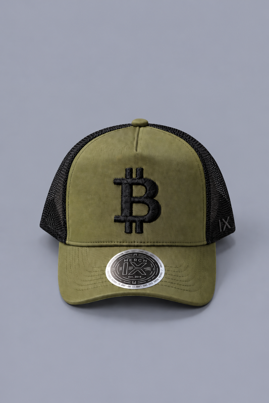 Military Green Bitcoin Trucker Hat - High-Crown Structured Cap