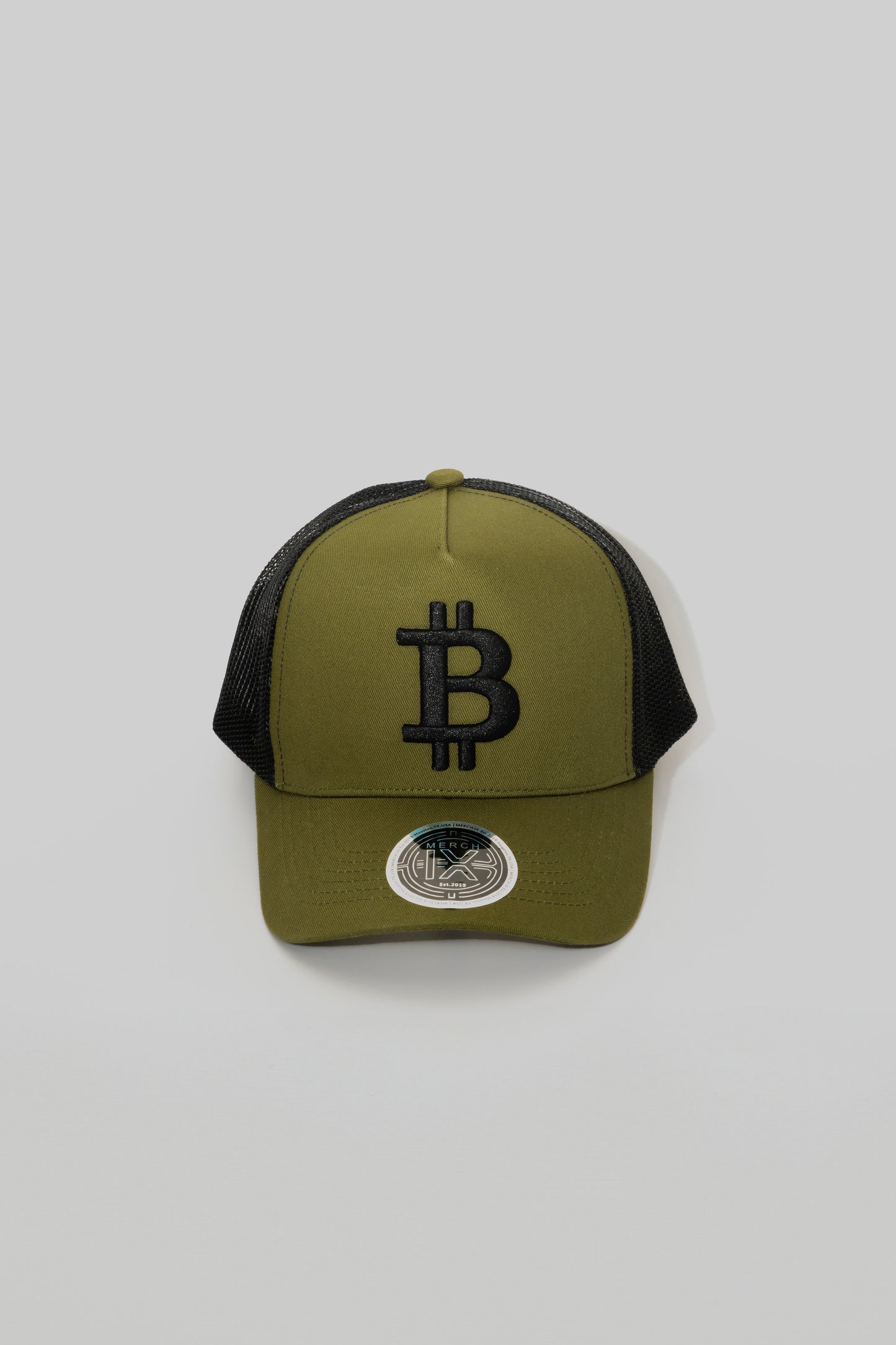 Military Green Bitcoin Trucker Hat - High-Crown Structured Cap