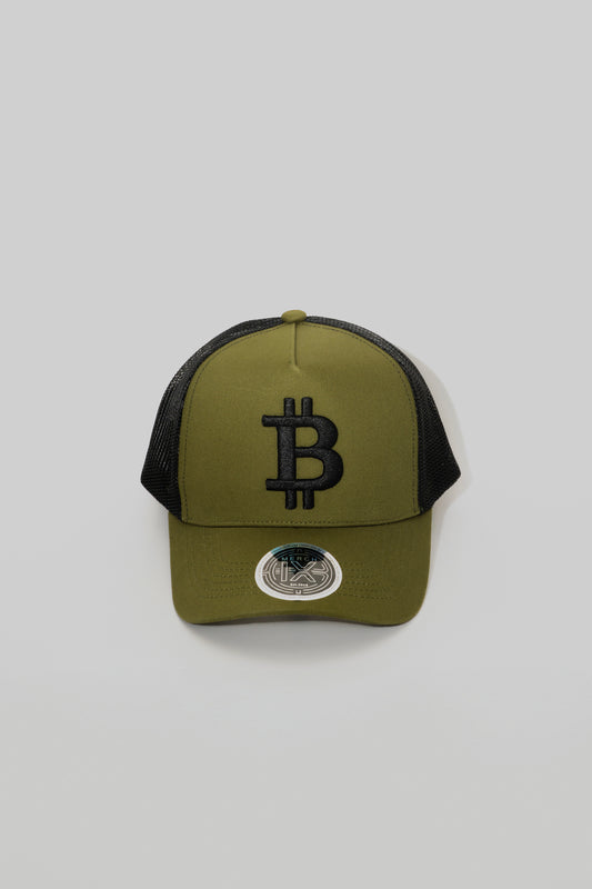 Military Green Bitcoin Trucker Hat - High-Crown Structured Cap