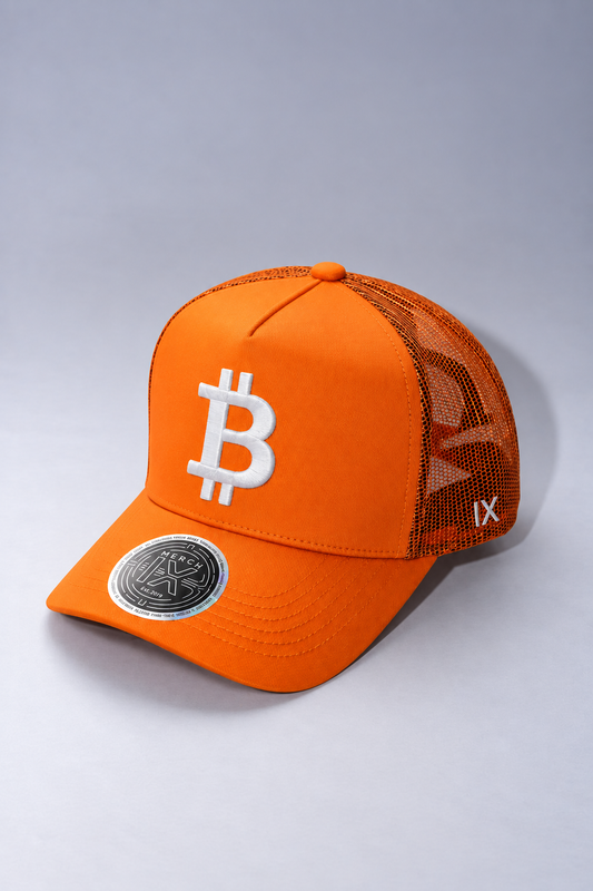 Satoshi Orange Bitcoin Trucker Hat - High-Crown Cap