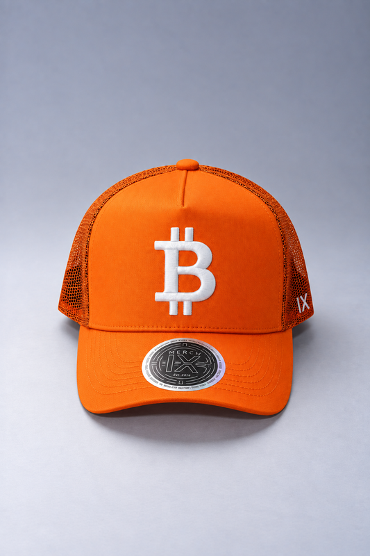 Satoshi Orange Bitcoin Trucker Hat - High-Crown Cap