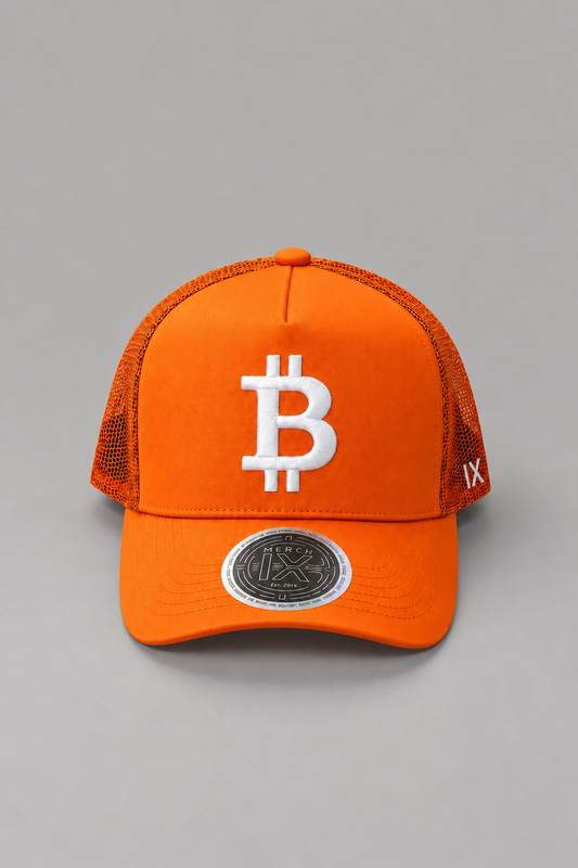Satoshi Orange Bitcoin Trucker Hat - High-Crown Cap