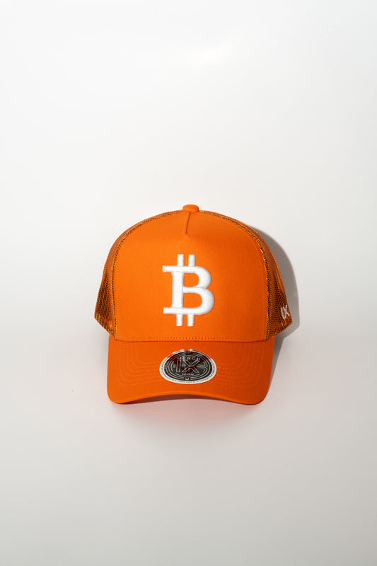 Satoshi Orange Bitcoin Trucker Hat - High-Crown Cap